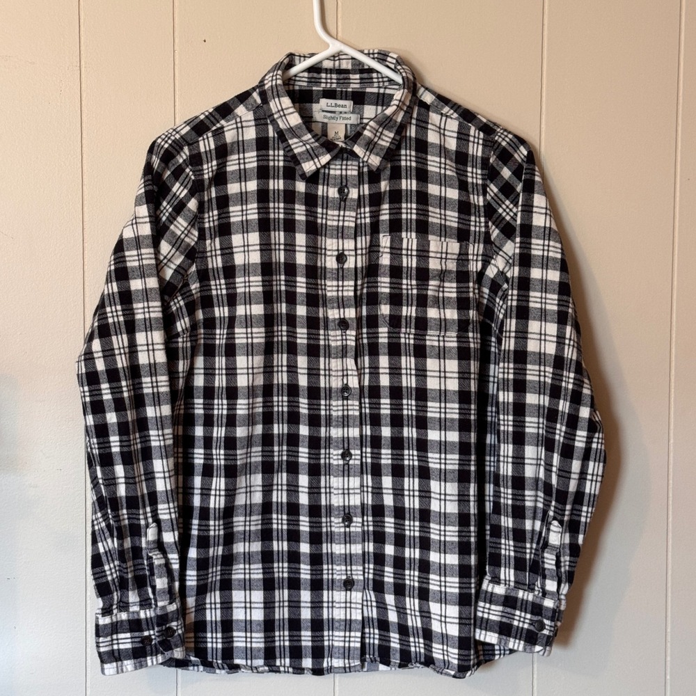 LL Bean Mens Medium Slightly Fitted Flannel Shirt Black White Plaid‎ Cotton